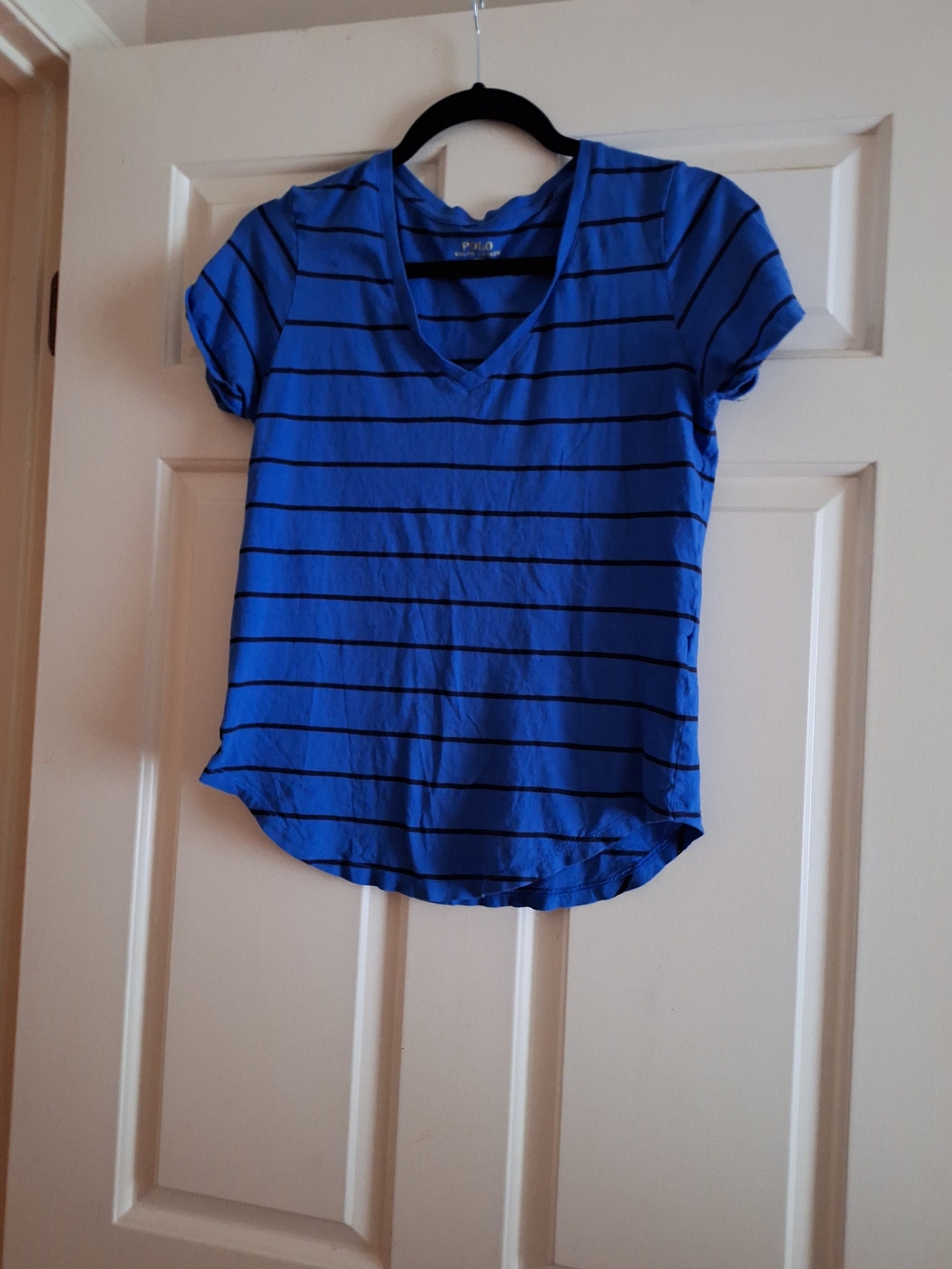 Polo by Ralph Lauren Royal Blue & Black Striped V-Neck Tee | Size S | Soft Knit